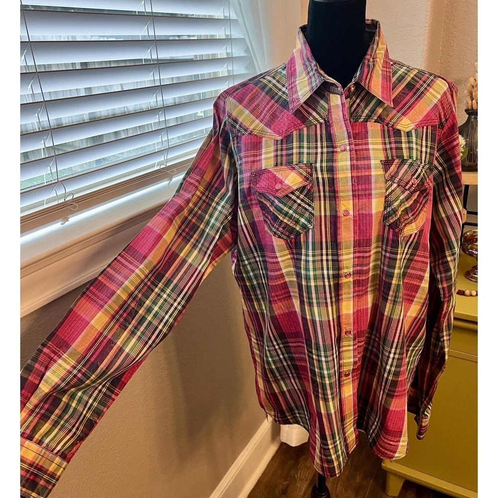 Wired Heart cotton snap front blouse shirt w pockets multi plaid Western Boho XL